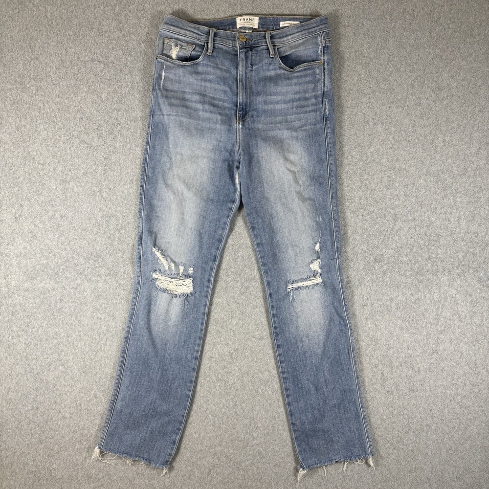 FRAME Le Sylvie Slender Straight Jeans Women's‎ 31 Blue Distressed Raw Hem